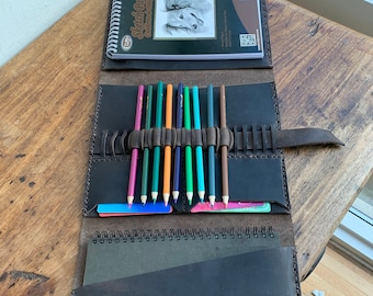 Leather sketchpad holder / Sketchbook pencil case / Art supply organizer case / Sketchbook carrying case