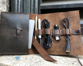 Cord organizer, Travel charger roll, Charging cord case, Leather tech carry case, Travel cable holder, Adjustable loops