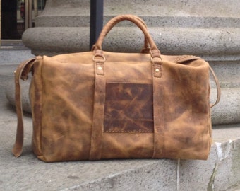 Honey Duffle / Large Leather Travel Bag / Brown Leather Weekender Bag / Handmade Leather Duffle Made in the USA