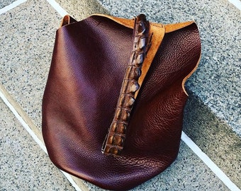 Cognac Tote, Soft leather shoulder tote, Alligator strap, Soft full grain pebbled leather, Hand stitched in NYC