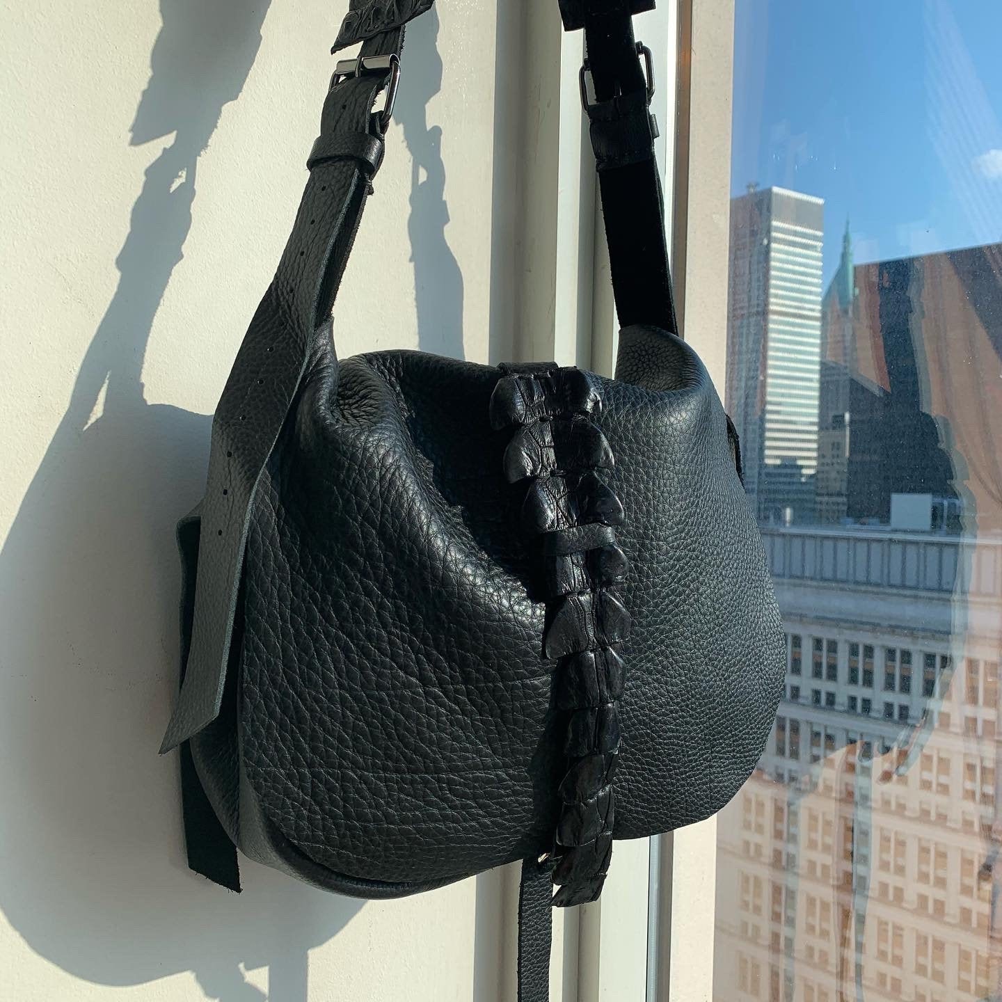 Black leather purse Alligator bag Designer handbags Black leather shoulder bag Gator tail Hobo style handbags Slouchy leather bag
