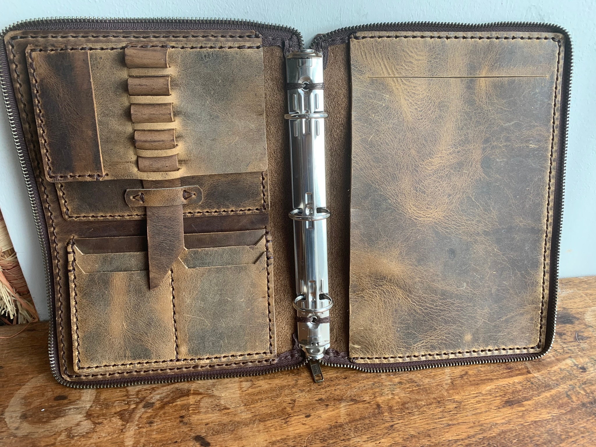 Mini ring binder, Small 3 ring notebook, 3 pocket leather binder, Cust –  Luscious Leather NYC