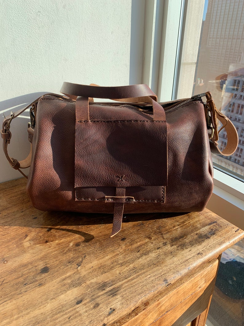 Bordeaux duffle, Crossbody messenger, Handmade leather duffle bag, Leather carry on Carry All bag image 7