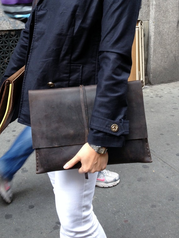 Handmade iPad case, Minimalist clutch, Dark brown document holder, Hand stitched tablet clutch, Leather iPad sleeve, Made in NY