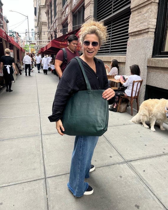 Green Tote Bag / Large Green Shoulder Tote / Large Leather Shopper Bag / Soft Pebbled Shoulder Bag / Made in New York by Hand