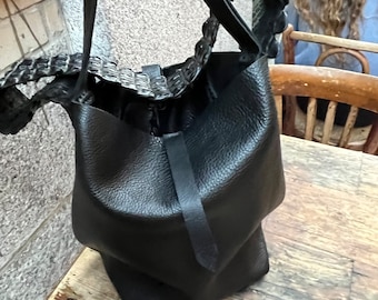 Black Hobo, Large Leather Hobo Tote with Crossbody Strap and Handle