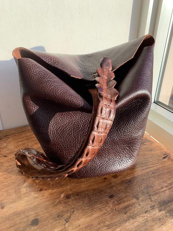 Chocolate Tote Cognac Tote, Cross body tote bag, Alligator tail strap, Soft full grain leather