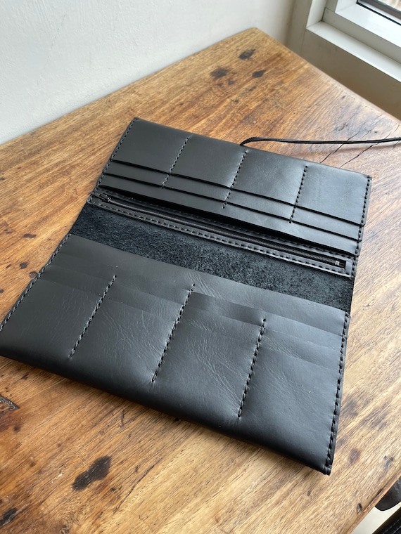 Oversized Travel Wallet / Large Leather Wallet / Black Clutch Wallet / Hand Stitched Leather / Made in NY