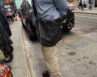 Black Leather Satchel / Large Travel Tote/ Soft Leather Satchel with Shoulder Strap and Crossbody Strap