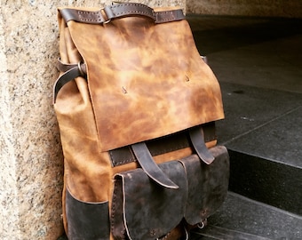 Oversized Leather Rucksack, Rugged Brown Travel Backpack, Hand Sewn