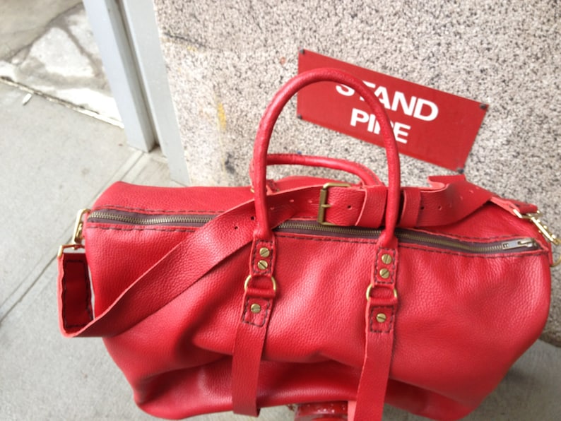 Red Leather Travel Bag Ladies Duffle Leather Weekend Bag Etsy