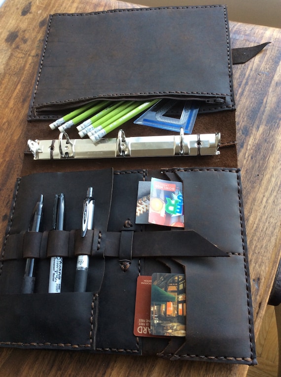 Mini ring binder, Small 3 ring notebook, 3 pocket leather binder, Cust –  Luscious Leather NYC