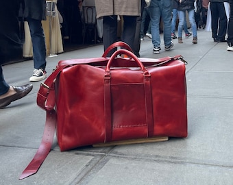 Red Travel Bag / Large Red Leather Duffle /  Custom Leather Travel Duffle / Custom Duffles and Weekenders Made by Hand