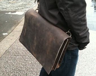 Minimalist briefcase, Handmade leather laptop bag, Double gusset business briefcase, Leather laptop satchel, Made in NY