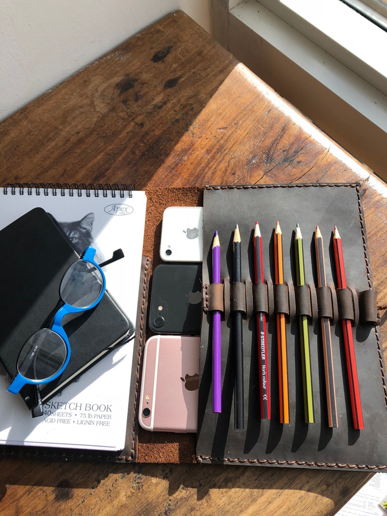 Handmade Leather Trifold Sketchbook Journal with Pen Holder image 5