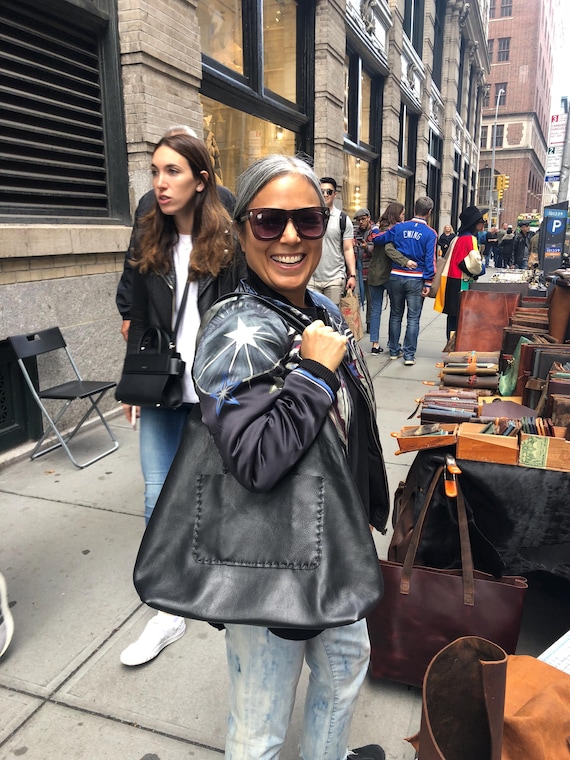 Large Black Tote/ Soft Black Shoulder Bag/ Extra Large Leather Tote Bag / Hand Stitched in NYC by hand