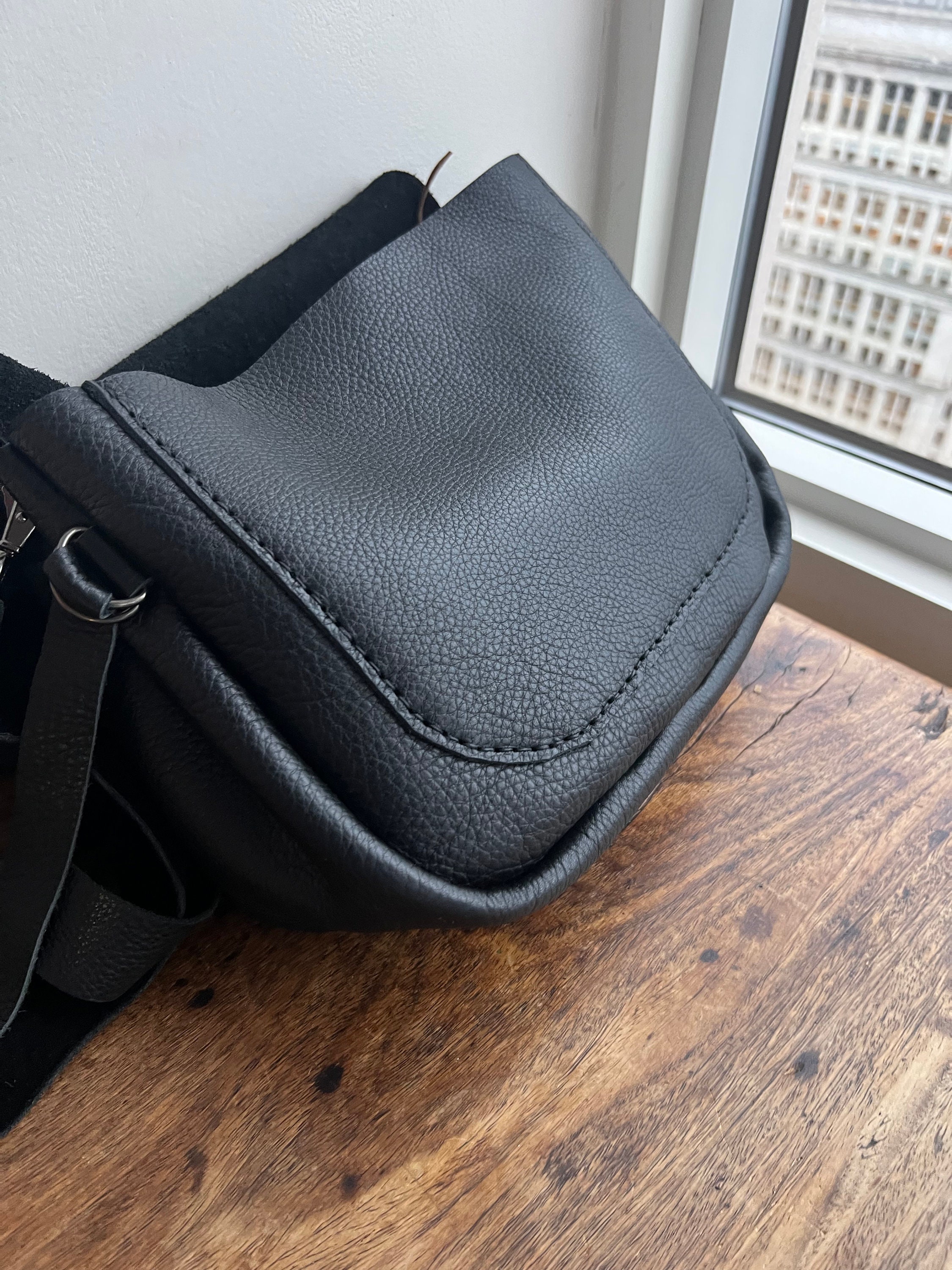 Leather bucket bag / Black leather crossbody bag / Soft leather handbag /  Black Bison / Made in America