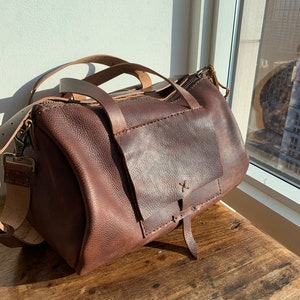 Bordeaux duffle, Crossbody messenger, Handmade leather duffle bag, Leather carry on Carry All bag image 3