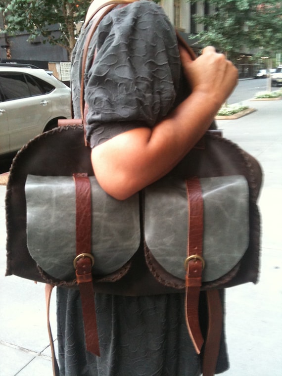 Brown travel bag - leather backpack weekender/carry all leather satchel - bowling bag rucksack by Aixa