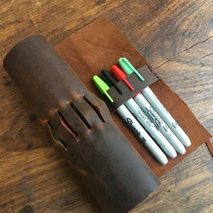 Pen case holder, Custom pencil case, Handmade unique pencil holders, Leather pen holder cases, Roll up case, Personalized pen case image 4