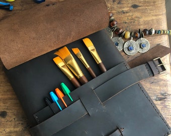 Leather sketchbook holder / Big notebook with pockets / Leather sketchbook personalized / Large notebook journal