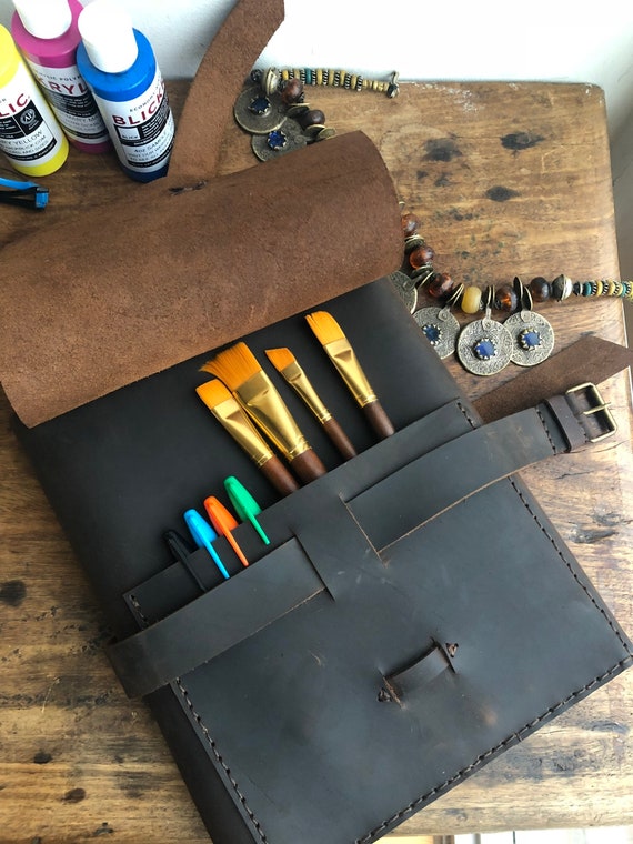 Leather sketchbook holder / Big notebook with pockets / Leather sketchbook personalized / Large notebook journal