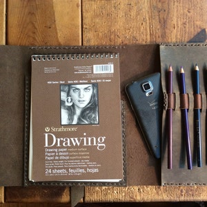 Handmade Leather Trifold Sketchbook Journal with Pen Holder image 9