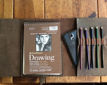 Leather Sketchpad Holder, Pen Pencil Case, Refillable Sketchbook Journal Cover Case, Art Artist Drawing Book, Handmade Leather Sketchbook