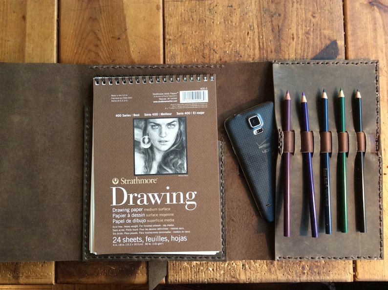 Handmade Leather Trifold Sketchbook Journal with Pen Holder image 9