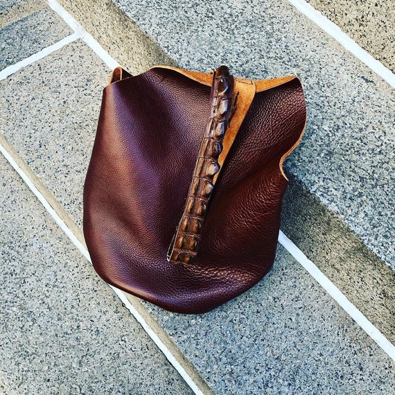 Cognac Tote, Soft leather shoulder tote, Alligator strap, Soft full grain pebbled leather, Hand stitched in NYC