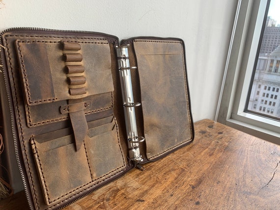 Zippered leather padfolio, Small three ring binder, 3 ring folder, Small planners and organizers, Half page binder, Junior padfolio binder