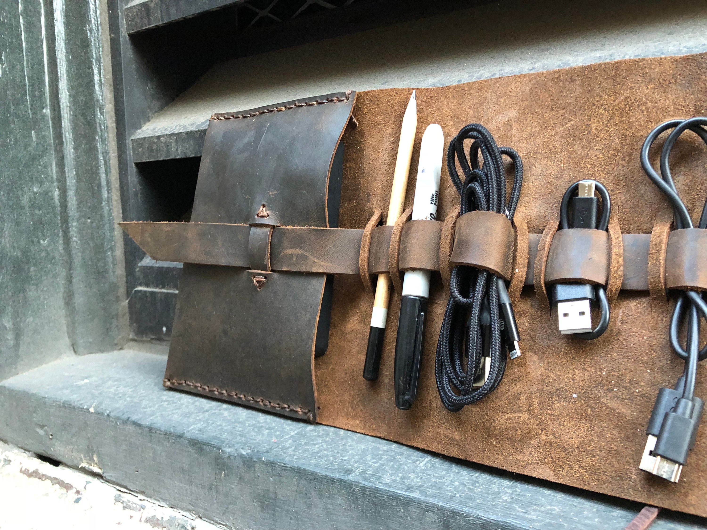 Cord organizer, Travel charger roll, Charging cord case, Leather tech ...