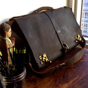 Large computer bag, 17 laptop satchel, Leather work bag, Computer bags for 17 inch laptop, Custom made in New York