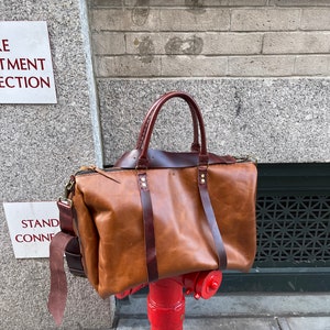Cognac Duffle / Large Leather Travel Duffel / Leather Weekender Made by Hand in NY