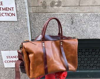 Cognac Duffle / Large Leather Travel Duffel / Leather Weekender Made by Hand in NY