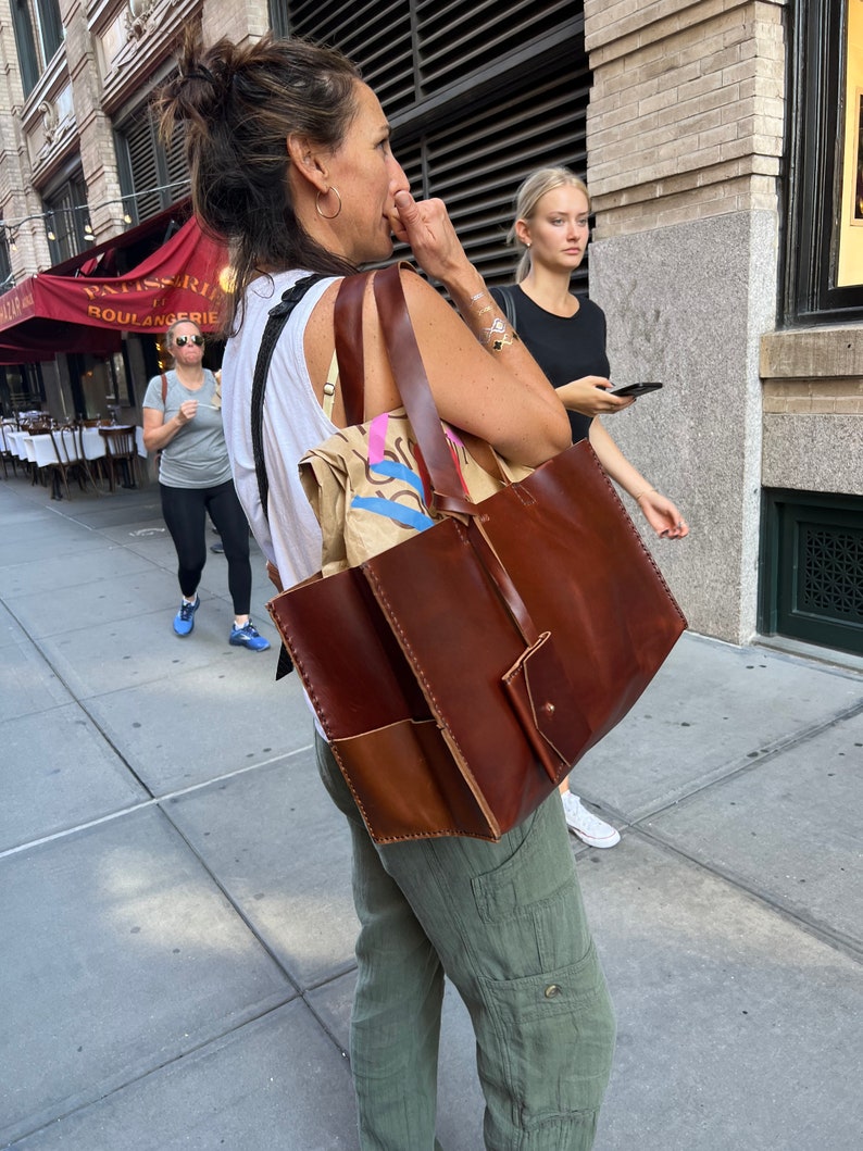 Nolita Tote, Large Leather Tote Bag, Large Laptop Tote, Shoulder Bag, Custom Made by hand in NYC, Hand stitched image 3