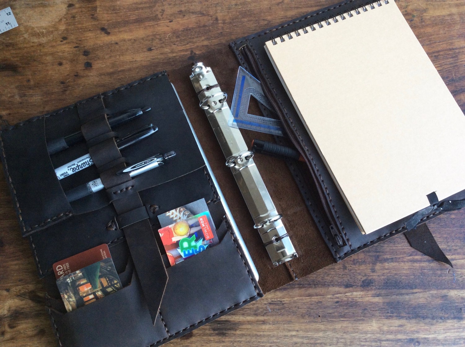 Mini ring binder, Small 3 ring notebook, 3 pocket leather binder, Cust –  Luscious Leather NYC