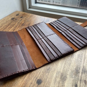 Cartera personalizada, Cartera grande de cuero de tres pliegues, Cartera de cuero hecha a mano