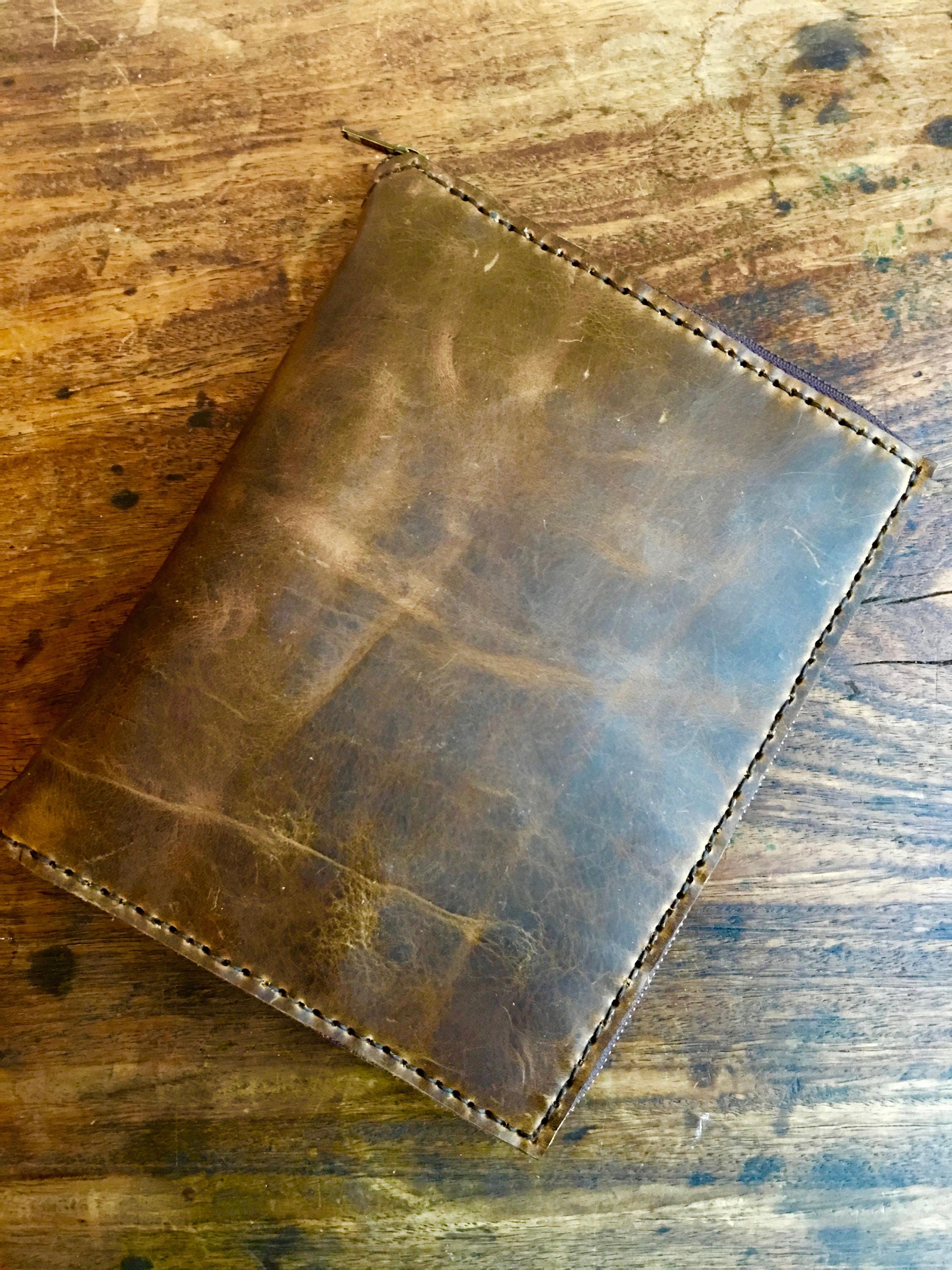 Zippered leather padfolio, Small three ring binder, 3 ring folder