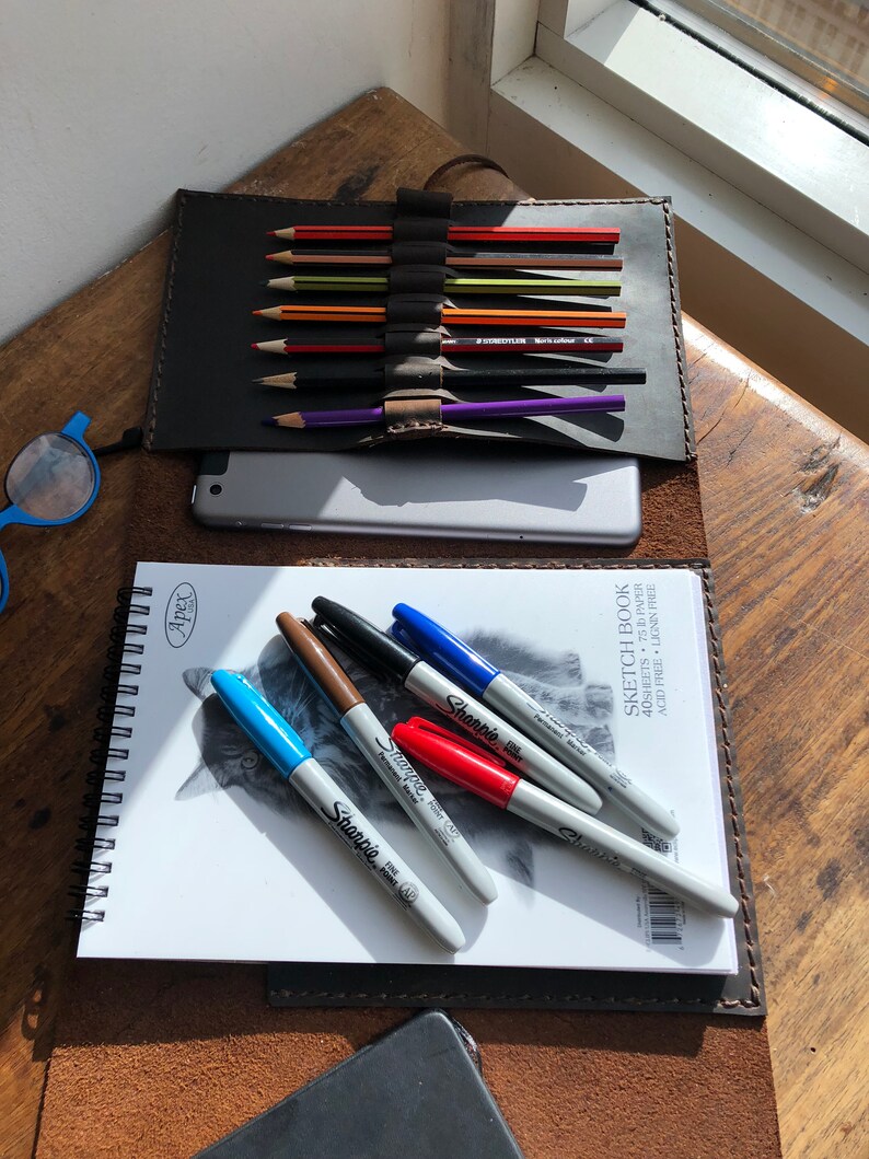 Handmade Leather Trifold Sketchbook Journal with Pen Holder image 8