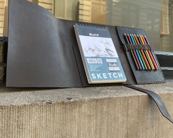 Travel Sketchbook / Leather Pad folio Sketchpad Holder / Pencil Case Holder / Refillable Sketchpad