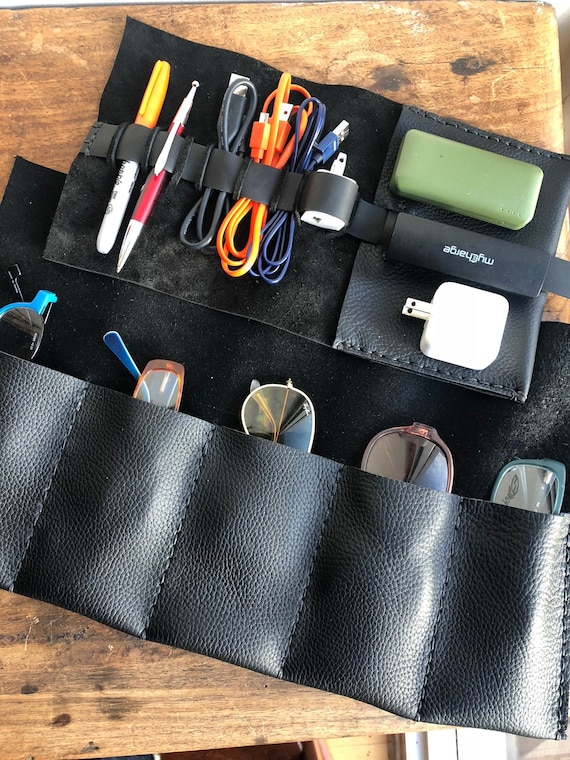 Leather charger case / Easy leather cord keeper / Soft black portable charger holder / Power bank case