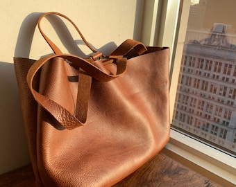 British Tan Tote / Leather Tote Bag iPad Pocket / Handmade Leather Work Bag / Made by Hand in NYC