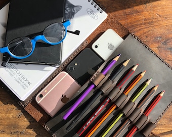 Handmade Leather Trifold Sketchbook Journal with Pen Holder