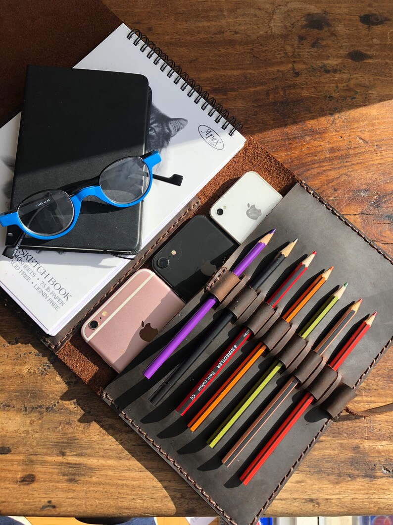Handmade Leather Trifold Sketchbook Journal with Pen Holder image 1