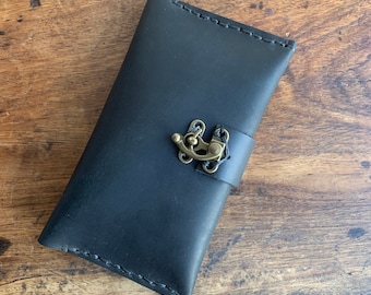 Handmade Black Leather Double iPhone Case with Latch
