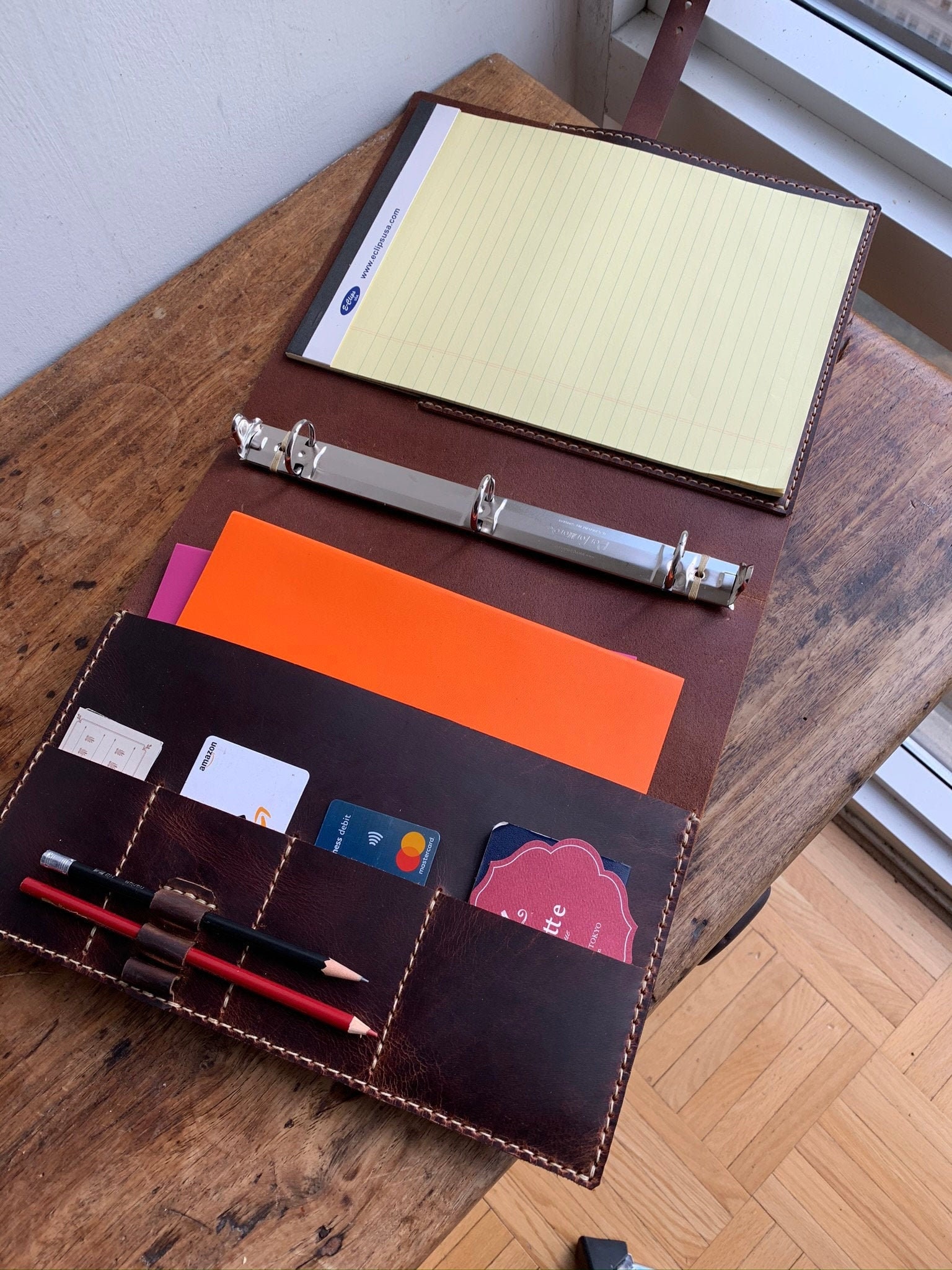 Mini ring binder, Small 3 ring notebook, 3 pocket leather binder, Cust –  Luscious Leather NYC