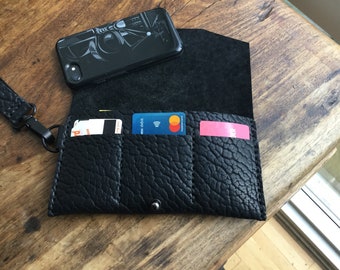 Black Phone Wallet / Leather Wallet Case with wristlet  / iPhone Clutch Wallet