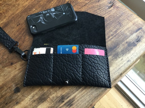 Black Phone Wallet / Leather Wallet Case with wristlet  / iPhone Clutch Wallet
