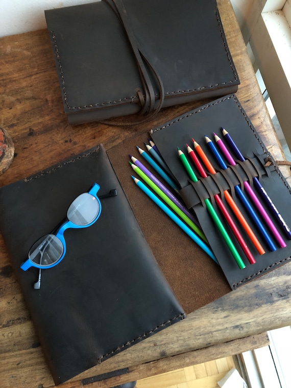 Custom Sketchbook / Refillable Notebook / Pencil Holder / Handmade Leather Sketchbook Cover / Trifold Journal